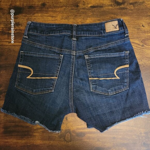 American Eagle Cut Off Shorts Size 4 Mid Rise Dark Wash Super Stretch Denim - Picture 2 of 11